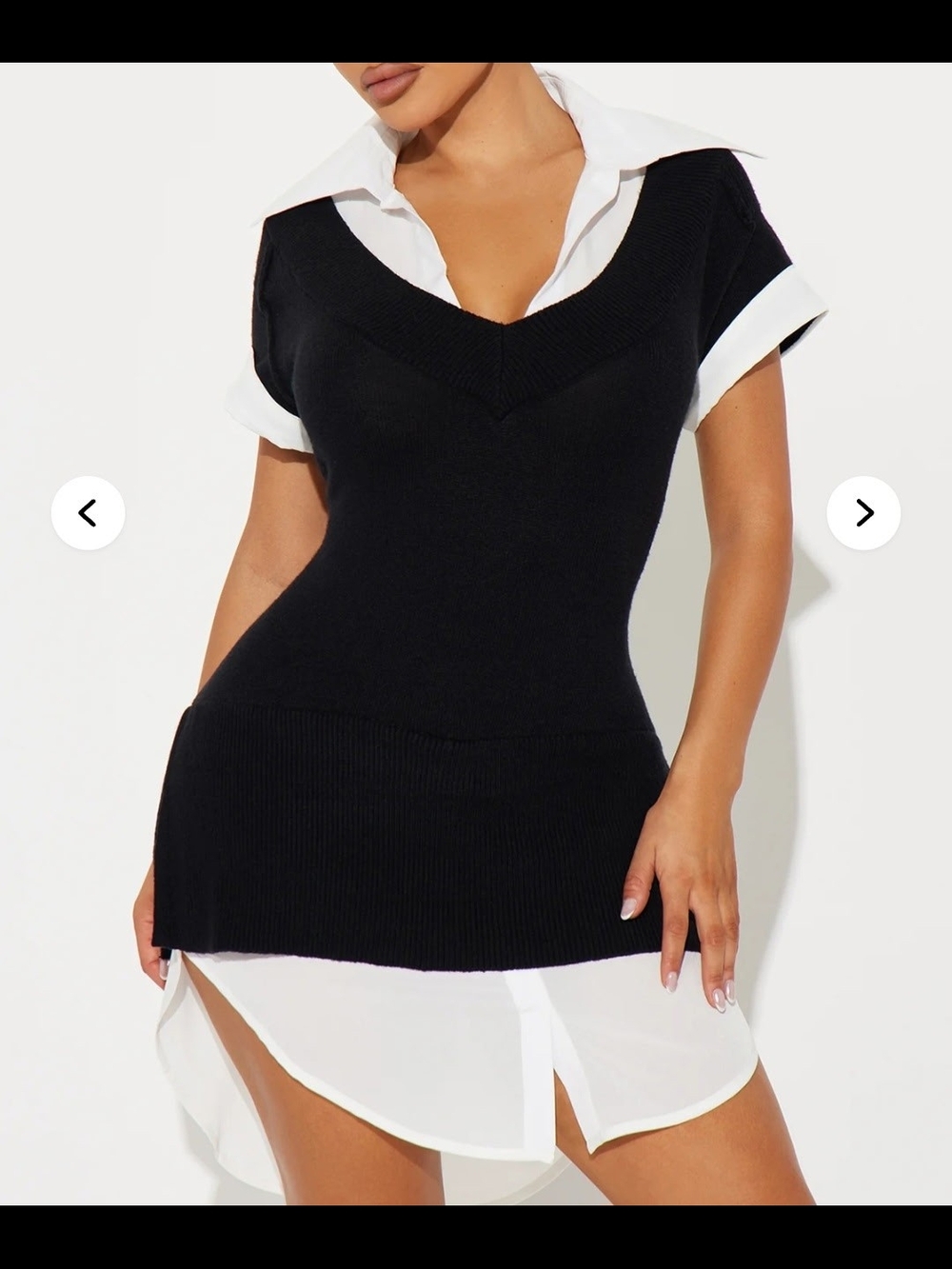 Fashion Nova Black Layered Mini Sweater Dress with White Shirt Detail.